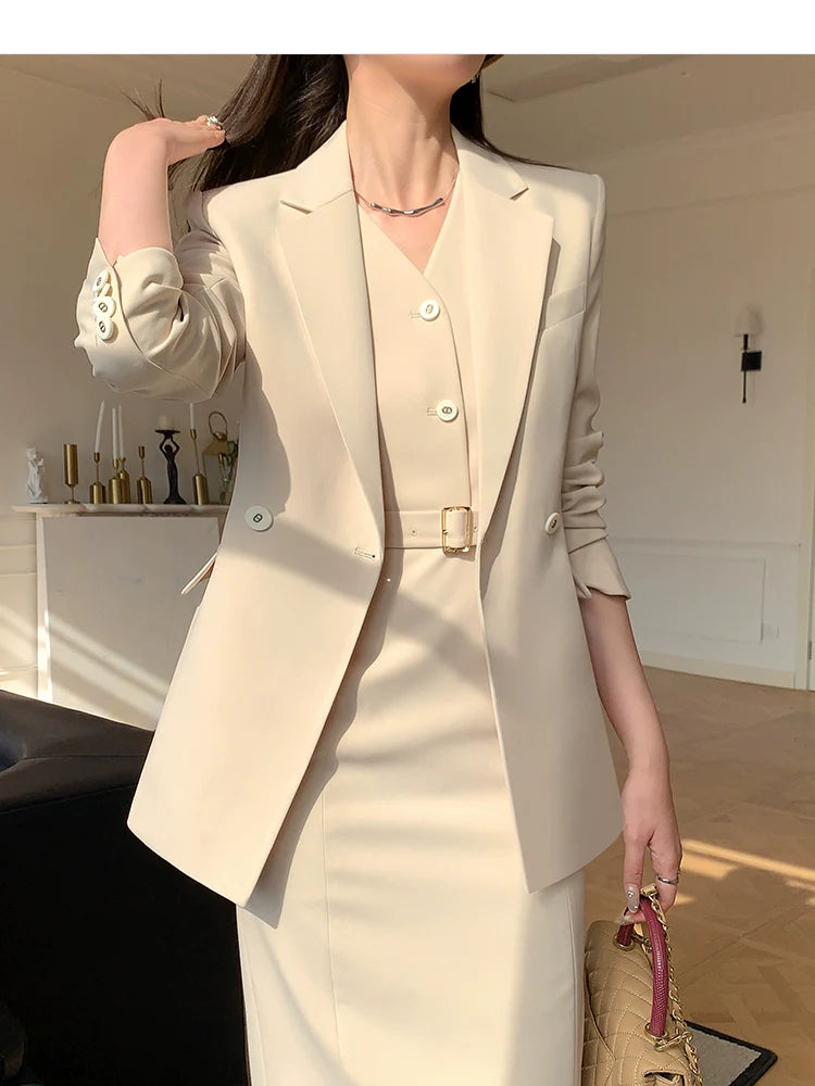 Cream 3-Piece Tailored Suit Set – Blazer, Belted Vest & Pencil Skirt