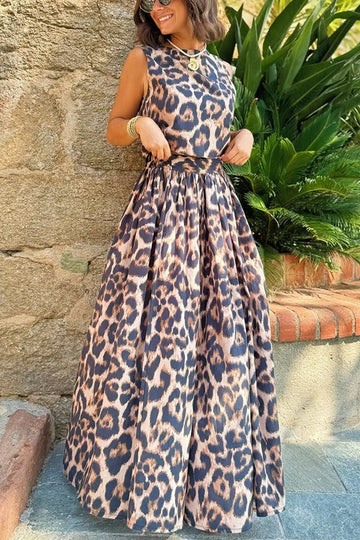 Leopard Print Crop Top &amp; High-Waist A-Line Skirt Set